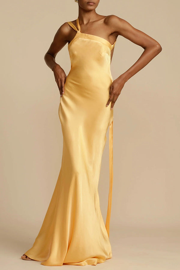 Moonlit Soiree Satin Asymmetrical One Shoulder Backless Strap Maxi Dress | Consonak