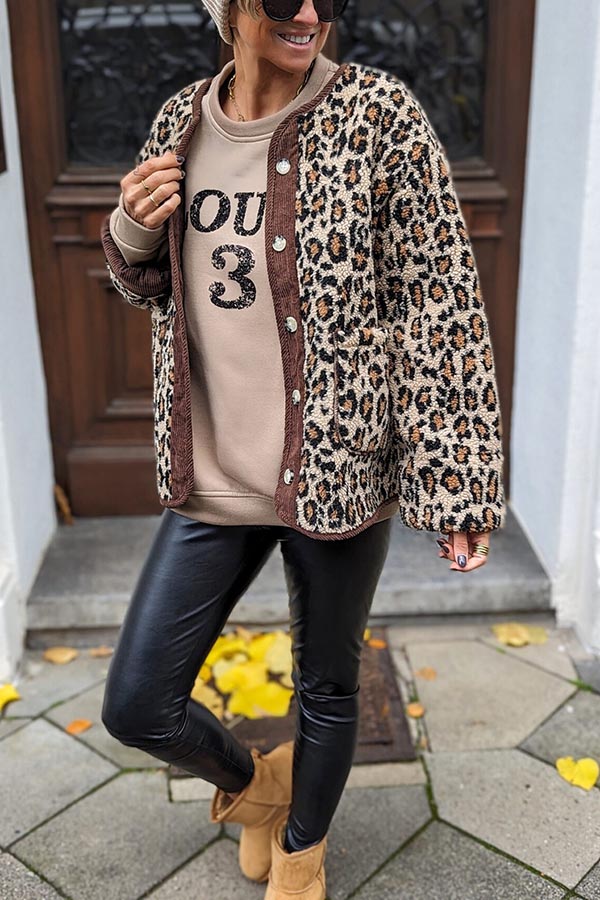 Warm Feel Colorblock Leopard Print Plush Button Up Pocketed Teddy Jacket-consonak