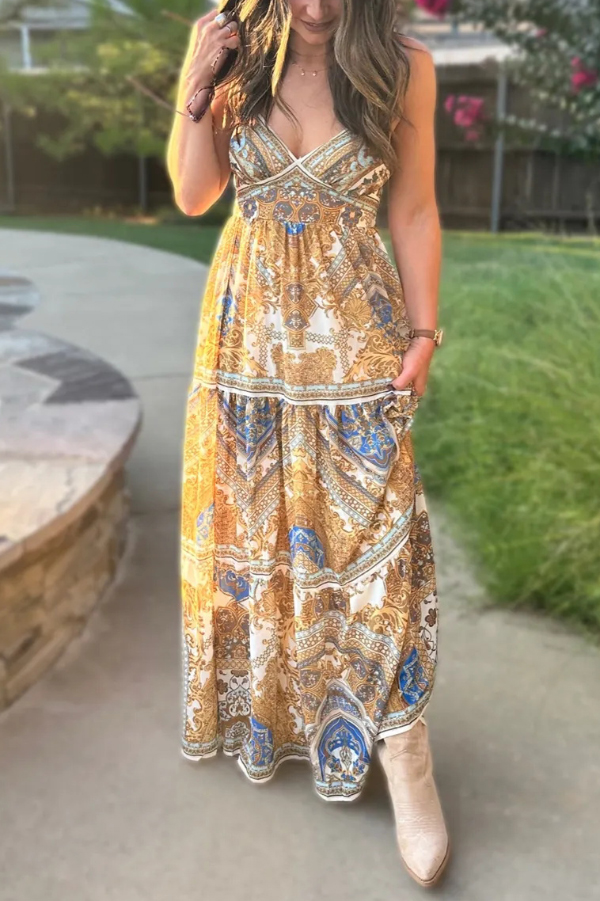 Bohemian Style Unique Printed V-neck Backless Vacation Maxi Dress