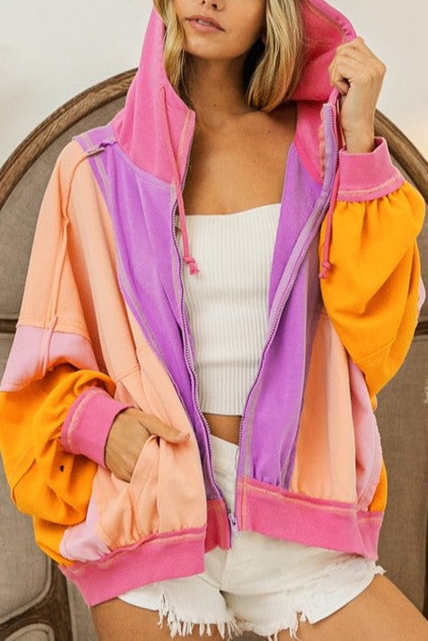 Fresh Color Matching Fashionable Loose Casual Hooded Jacket-consonak