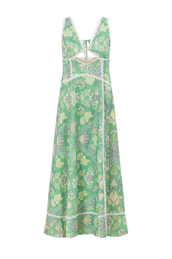 Linen Blend Unique Print V-neck Sleeveless Cutout Waist-cinching Maxi Dress