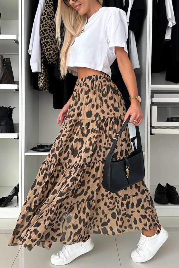 Unique and Comfortable Leopard Print Elastic Waist A-line Layered Maxi Skirt-consonak