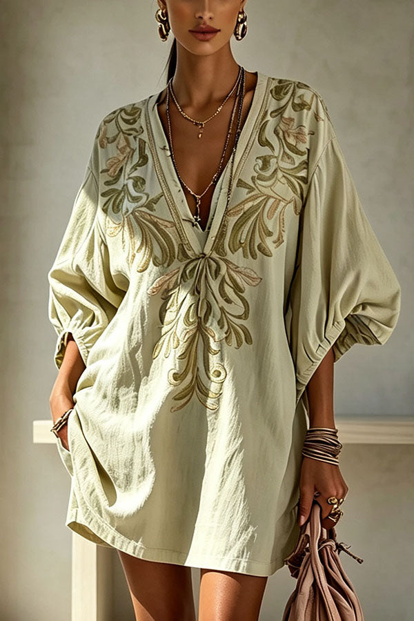 Gypsy Soul V-Neck Puff Sleeve Tunic Dress-Consonak