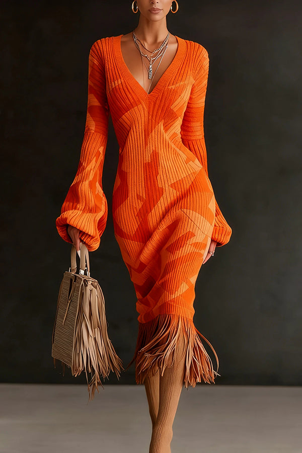 Unique Printed V-neck Long-sleeved Elegant Tassel Hem Midi Dress | Consonak