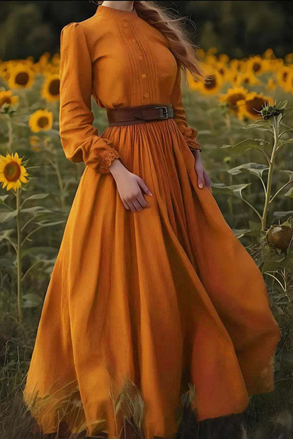 Solid Color Casual Long-sleeved Belted Maxi Dress-consonak