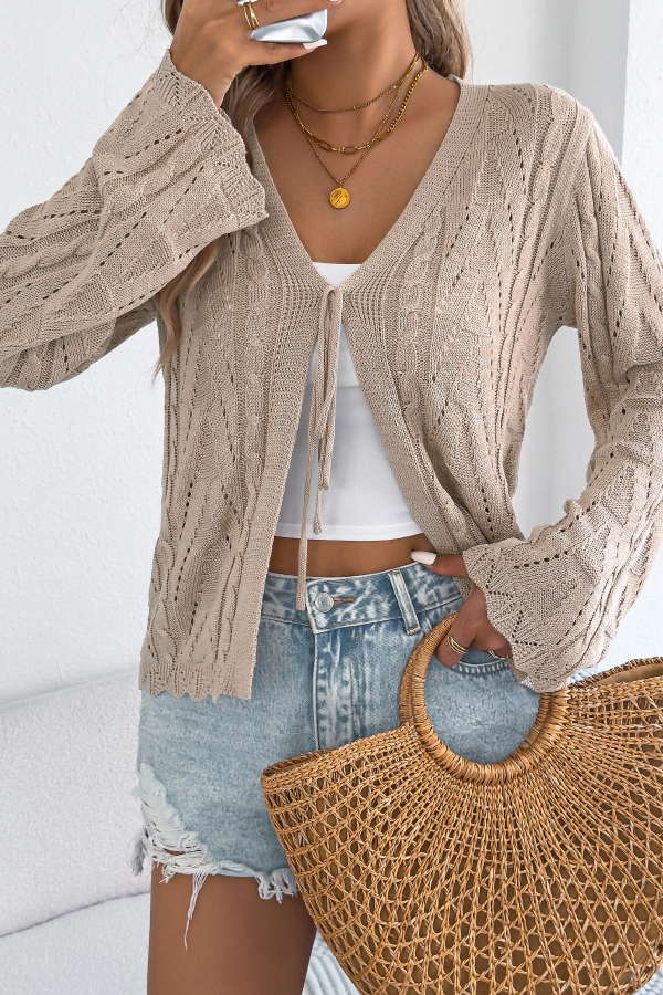 Solid Color Loose V-neck Long-sleeved Vacation Knit Cardigan-consonak