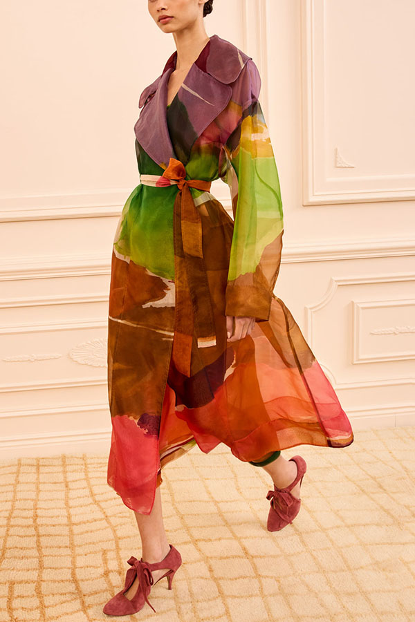Vibrantly Color Organza Printed Tie-Waist Pocket Lapel Mid-Length Trench Coat