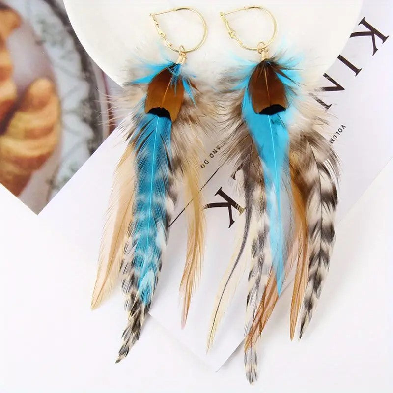 Boho Vintage Colorful Feather Tassel Dangle Drop Earrings | Consonak