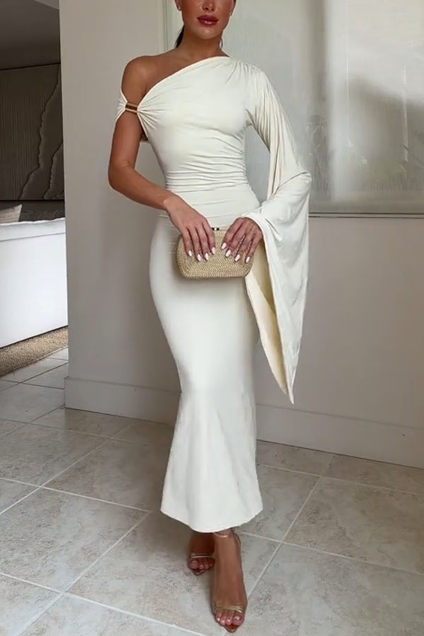 Ariarne Asymmetric Neck Long Draped Sleeve Gold Hardware Detail Midi Stretch Dress
