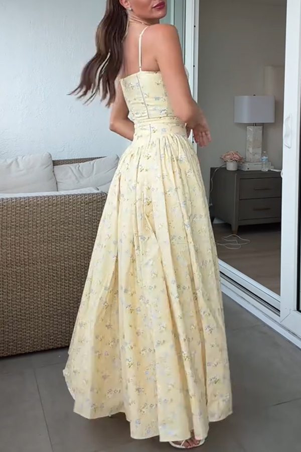 Romantic Countryside Stretch Cotton Blend Floral Print Cutout Trim Slip Midi Dress-consonak