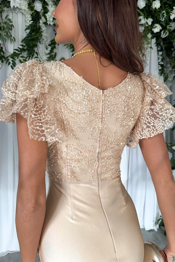Dreamy Luxury Lace and Satin Patchwork Ruffle Sleeve Ruched Midi Dress | Consonak