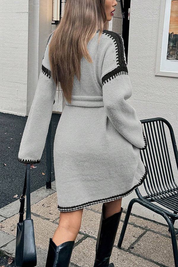 Stylish Loose-fitting Long-sleeved Tie-waist Knit Mini Dress-consonak