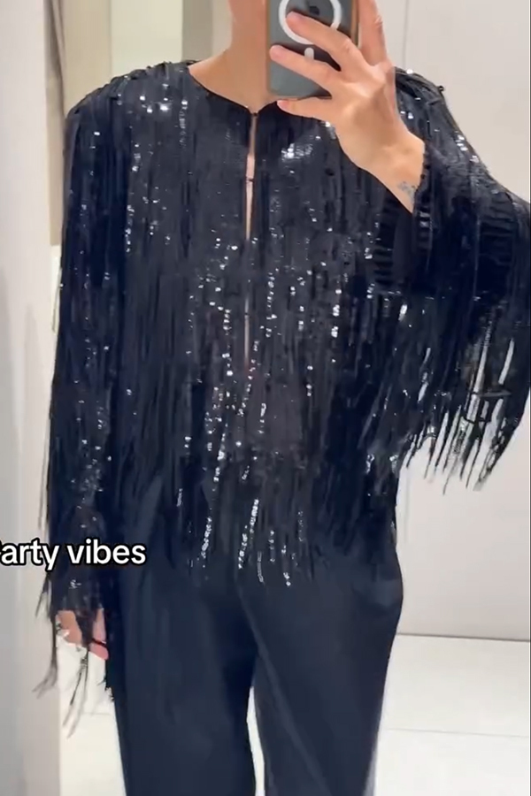 Party Crasher Layered Sequined Tassels Long Sleeve Loose Jacket-consonak