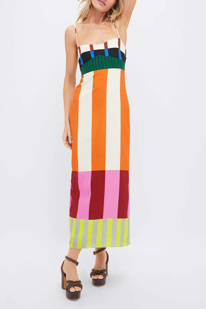 Beach Moment Linen Blend Unique Color Block Slip Maxi Dress-consonak