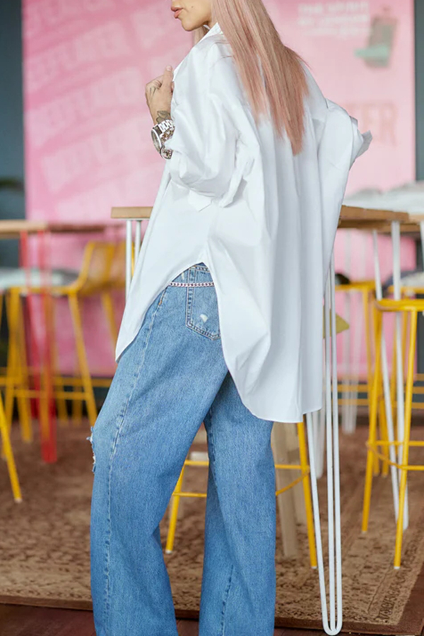 Easy and Modern Button Up Sculptural Sleeve Slit Oversized Midi Blouse