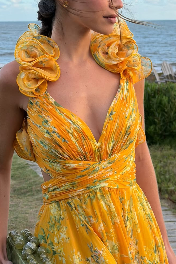 Delicate Garden Chiffon Floral Print Tiered Ruffle Cutout Back Lace-up Gown Maxi Dress