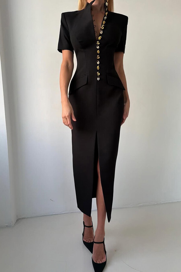 Kathy Unique Metal Pattern Buttons High Neck Short Sleeve Pencil Slit Midi Dress