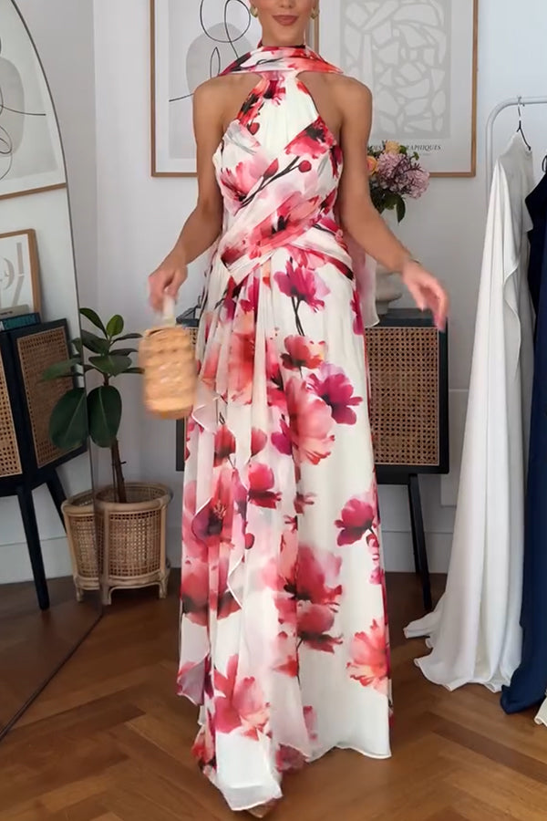 Blooming Petals Chiffon Floral Print Crinkle Cross Front Drape Ruffles Scarf Maxi Dress-consonak