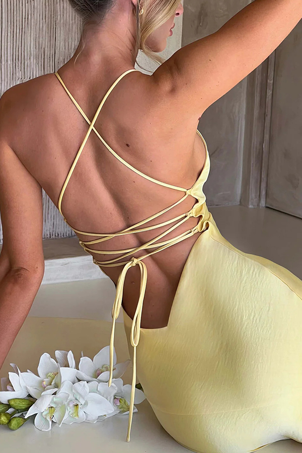 Satin Solid Color Sexy Backless Lace Up High Slit Maxi Dress-consonak