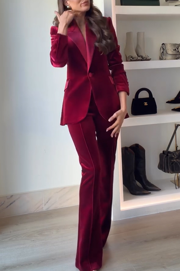 Delicate Daze Velvet Satin Lapel Button Up Long Sleeve Tapered Waist Blazer | Consonak