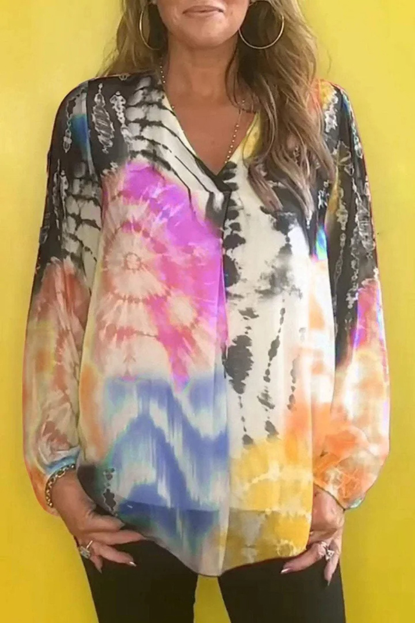 Fashionable Gradient Tie-dye V-neck Long-sleeved Casual Shirt-consonak