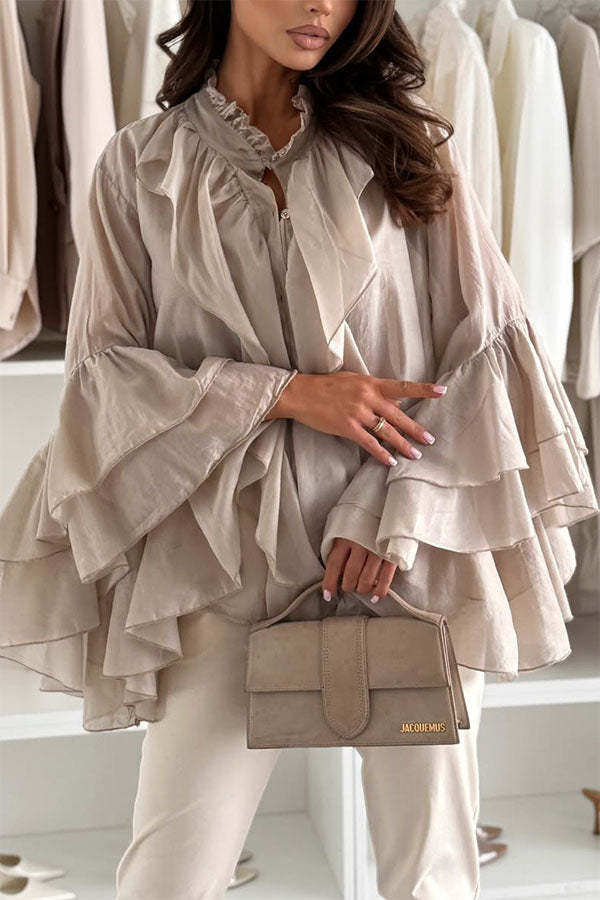 Breezy Touch Chiffon Layered Ruffles Long Bell Sleeve Button Up Loose Blouse-consonak