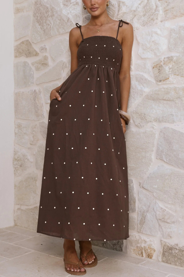 Fashionable Polka Dot Print Suspender High-waisted Pleated Casual Maxi Dress | Consonak