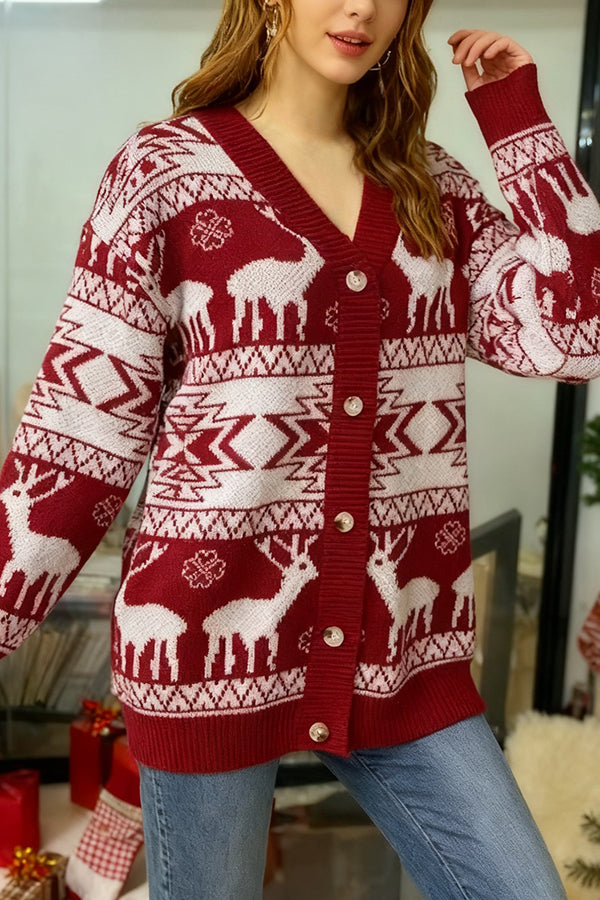 Christmas Reindeer Pattern Loose Long-sleeved Knit Cardigan-consonak