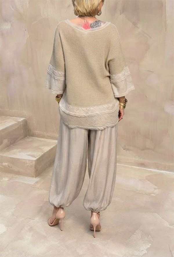 Lucy Knit Cutout Layered Design Half Sleeve Top and Satin Elastic Waist Pocketed Lantern Pants Set-Consonak