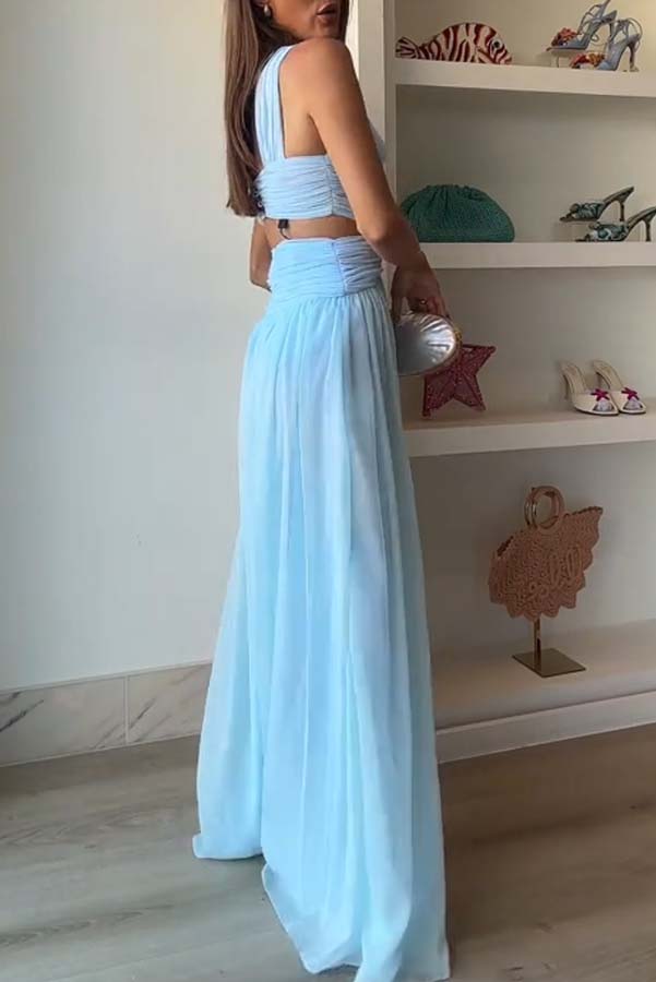 Graceful Modern Chiffon Twist Halter Neck Cutout Pleated Maxi Dress-consonak