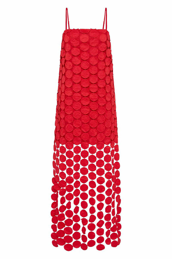 Juju Embroidered Cutout Polka Dots Square Neck Tassel Hem Slip Maxi Dress-consonak