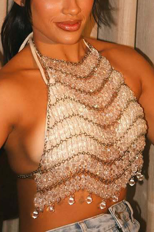 Sexy Halter Neck Transparent Bead Handmade Chest Chain Vest-consonak