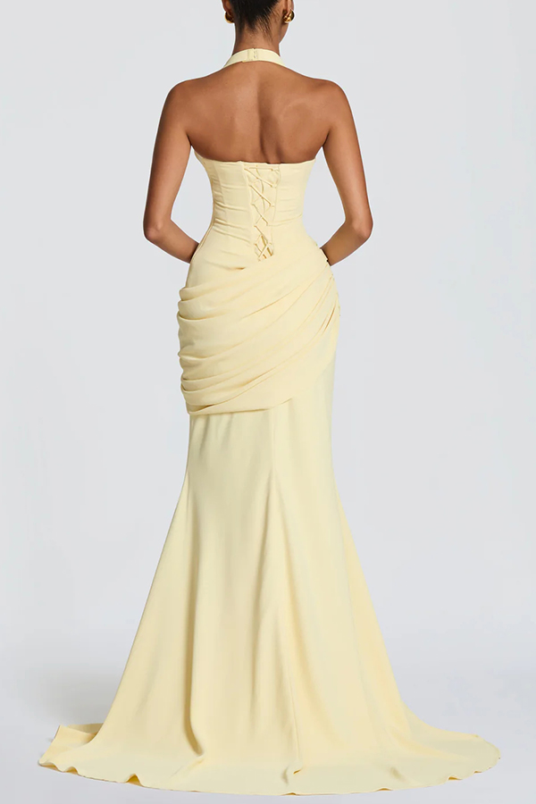 Nehemia Halter V-neck Back Lace-up Asymmetric Pleated Panel Drapes Maxi Dress-consonak