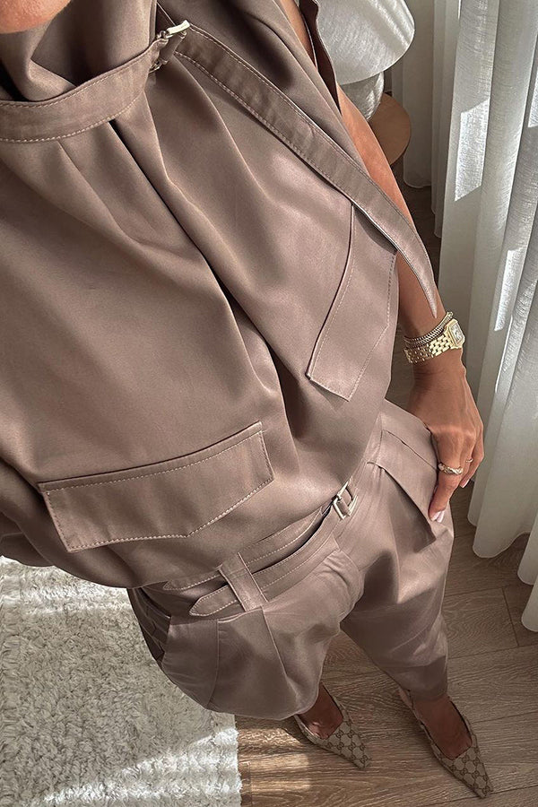 Statement Breast Pocket High Neck Top and Side Pocket Belt Long Pant Set-consonak