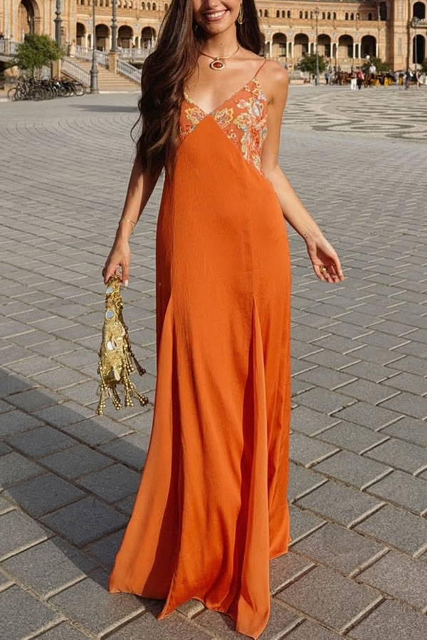 Midnight Chic Embroidered Sequine Beaded V-neck Slip Flare Maxi Dress