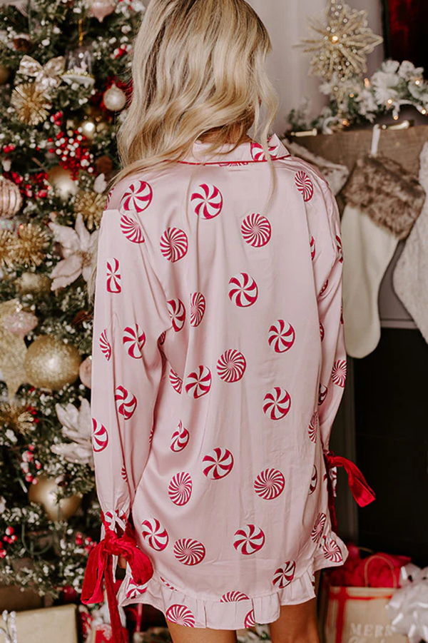 Sweet Glamour Satin Candy Print Velvet Trim Elastic Waist Pocketed Pajama Shorts Set | Consonak