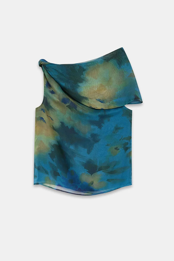 Ione Chiffon Ombré Print Cowl Neck Top and High Rise Maxi Skirt Set with Scarf