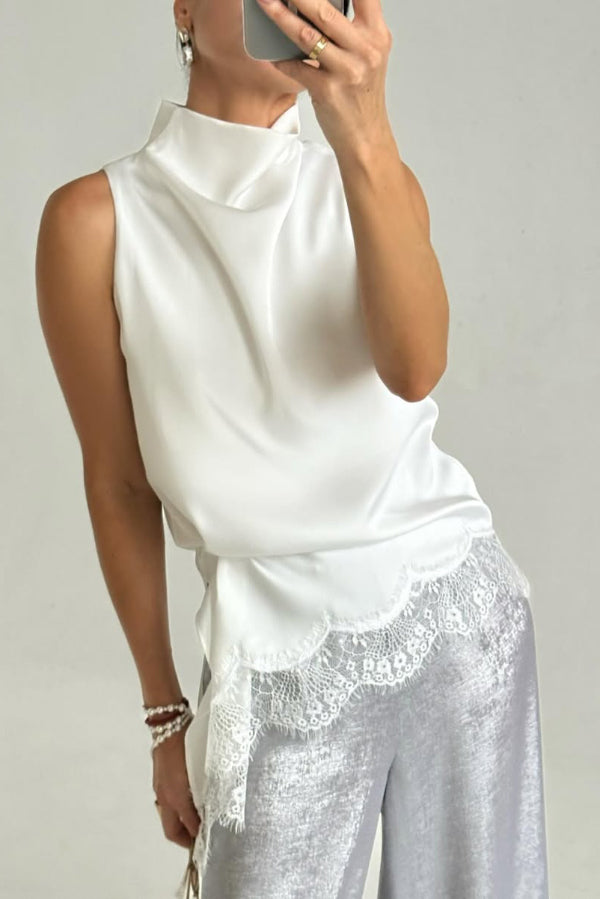 Solid Color Satin Spliced lace Sleeveless Irregular Casual Top