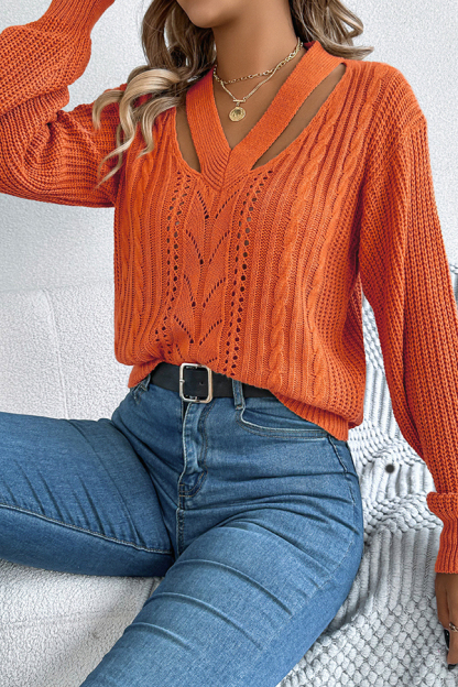 Casual Hollow V-neck Long-sleeved Knitted Sweater-consonak