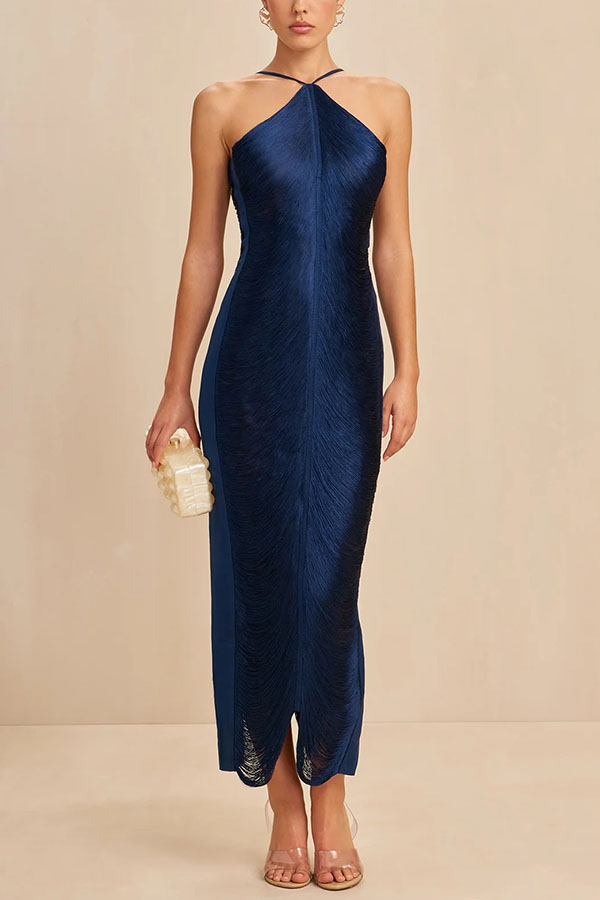 Sexy Allnight Metallic Halterneck Backless Fringed Slit Maxi Dress | Consonak