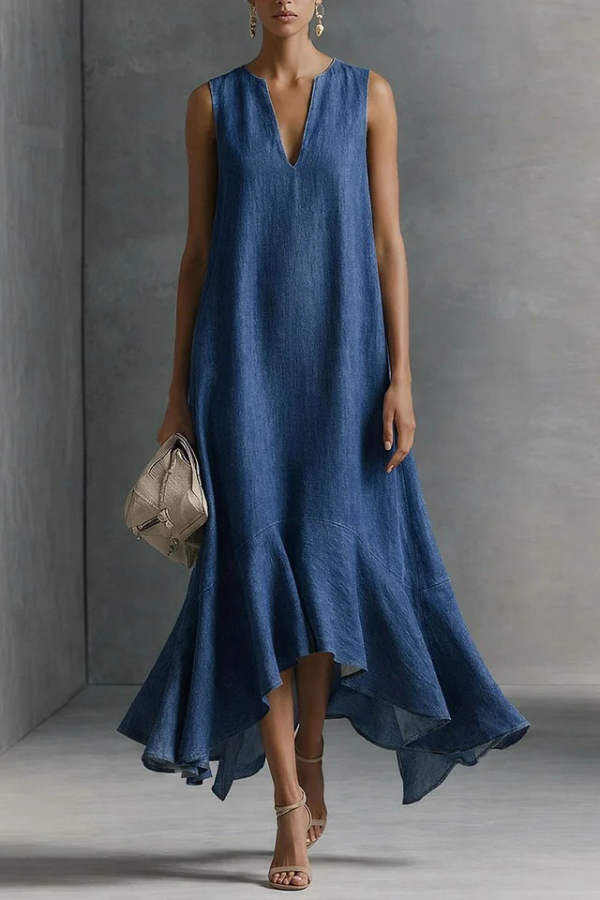 Stylish V-neck Sleeveless Loose-fitting Irregular Denim Midi Dress