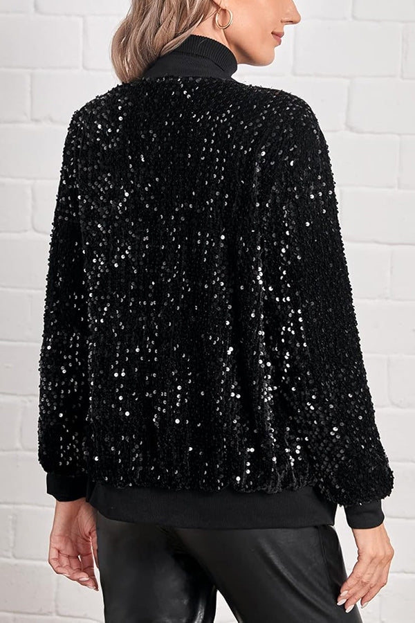 Fashionable Sequined Long-sleeved Zip-up Casual Jacket-consonak