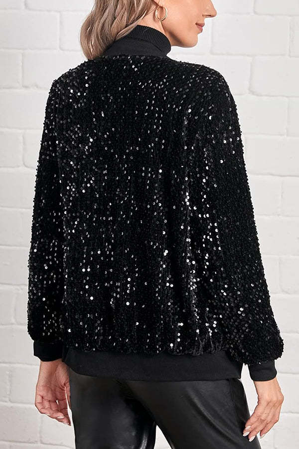 Fashionable Sequined Long-sleeved Zip-up Casual Jacket-consonak