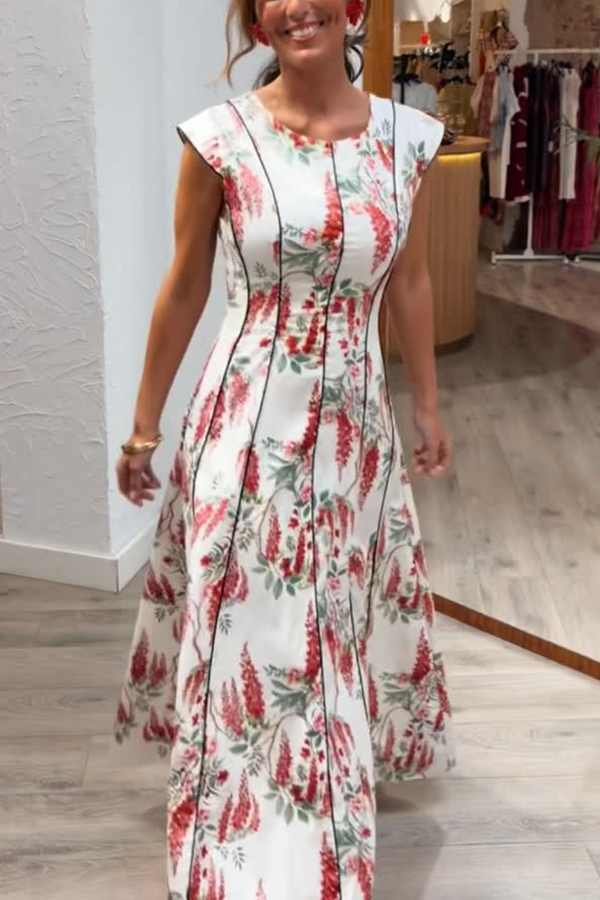 Kaydien Linen Blend Floral Print Contrast Princess Line Short Sleeve Maxi Dress-consonak