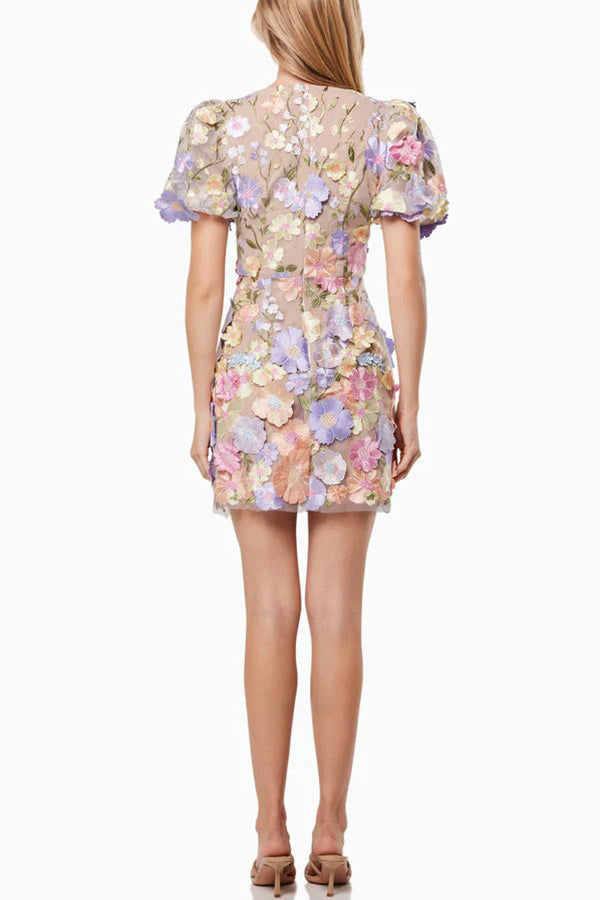 Garden Gala Embroidered Floral Applique Puff Sleeve Mini Dress-consonak