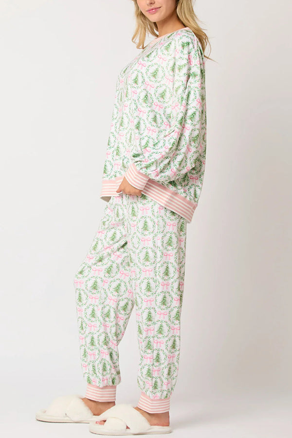 Christmas Print Loose Long-sleeved Top and Elastic Waist Casual Pants Set-consonak
