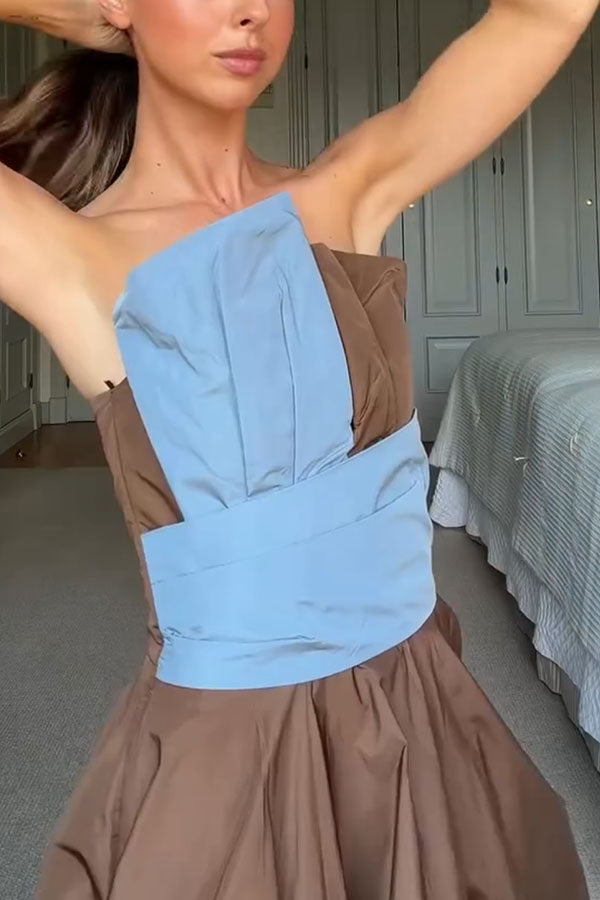 Modern Structured Color Block Off Shoulder Pocket Umbrella Hem Maxi Dress