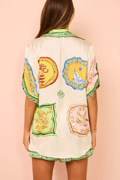 Tropical Escapes Satin Unique Print Shirt and Elastic Waist Pocketed Button Shorts Set-consonak