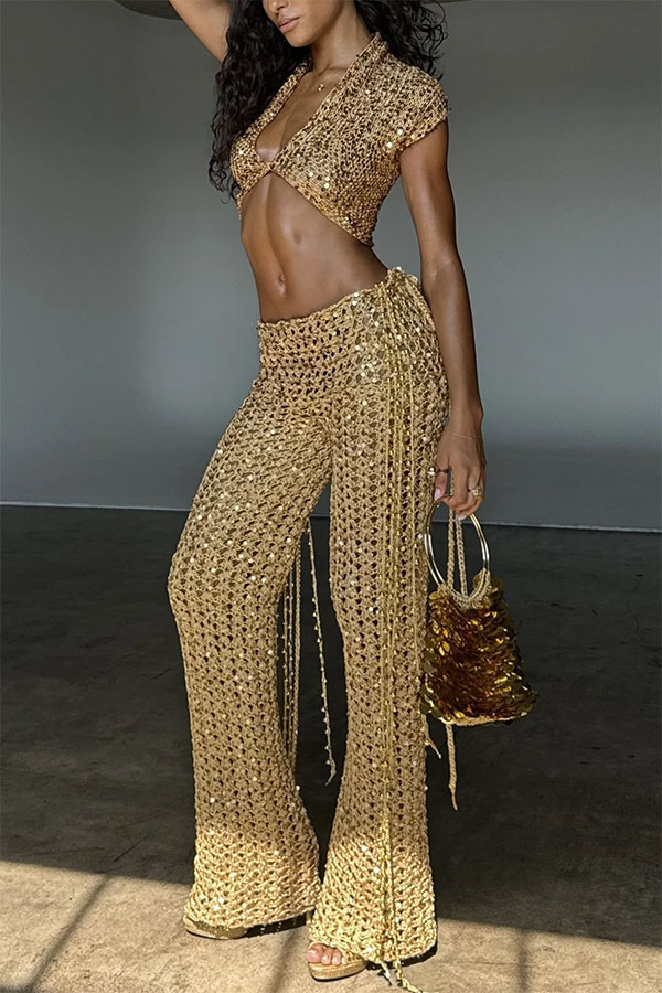 Gold Coast Knit Sequin Fabric Short Sleeve Crop Top and Adjustable Beaded Waist Loose Pants Set-Consonak
