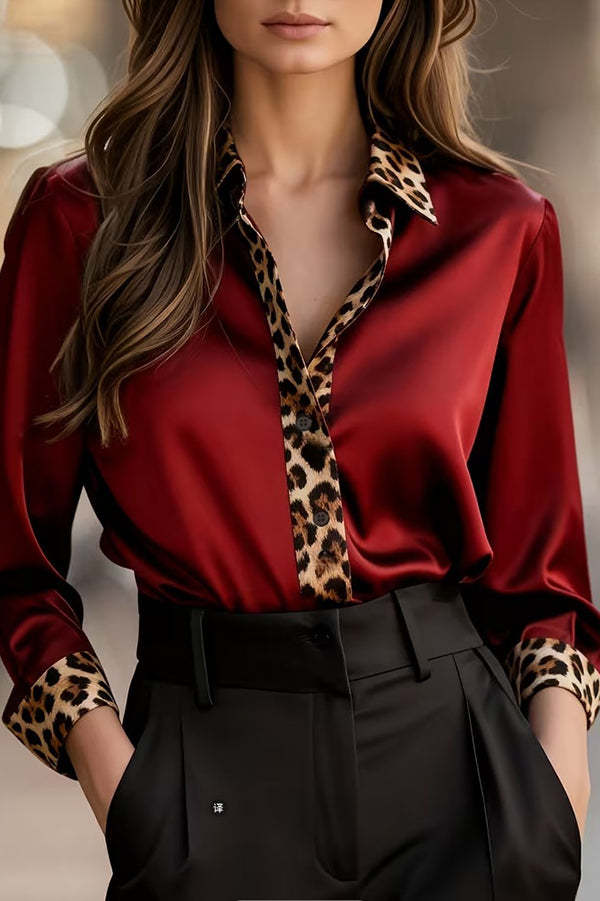 Satin Leopard Print Patchwork Casual Long-sleeved Shirt-consonak